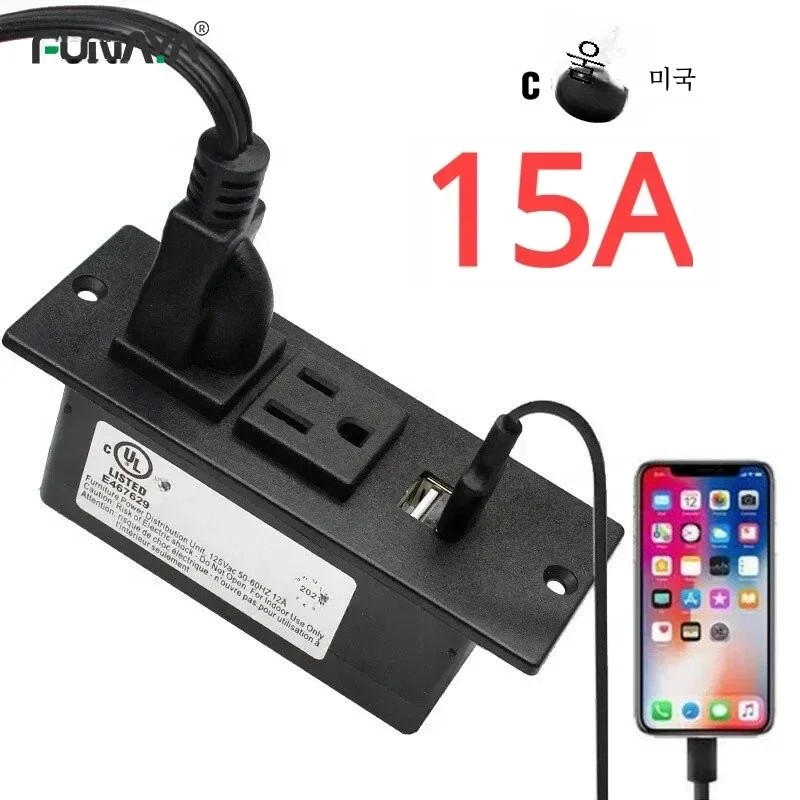 UL 15A ̺  Ƽ å , 2 ܼƮ, 2 3 USB Ʈ, 2.1A AC 110V 220V,   2m Ʈ 